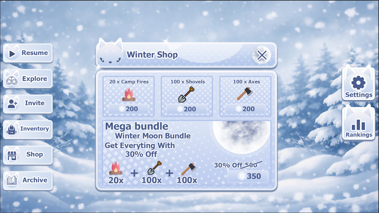 Winter Shop game interface with item cards, prices and a mega bundle panel