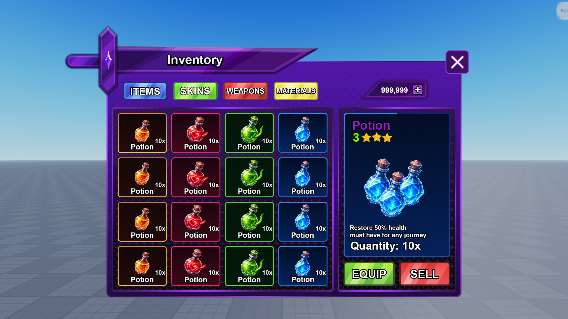 Fantasy inventory UI with potion item cards, rarity borders, quantities and an item detail panel with Equip and Sell buttons