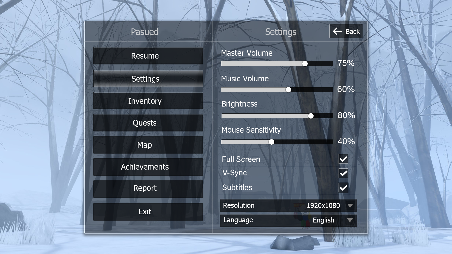 Game settings menu with sliders, toggles and dropdowns beside a pause menu