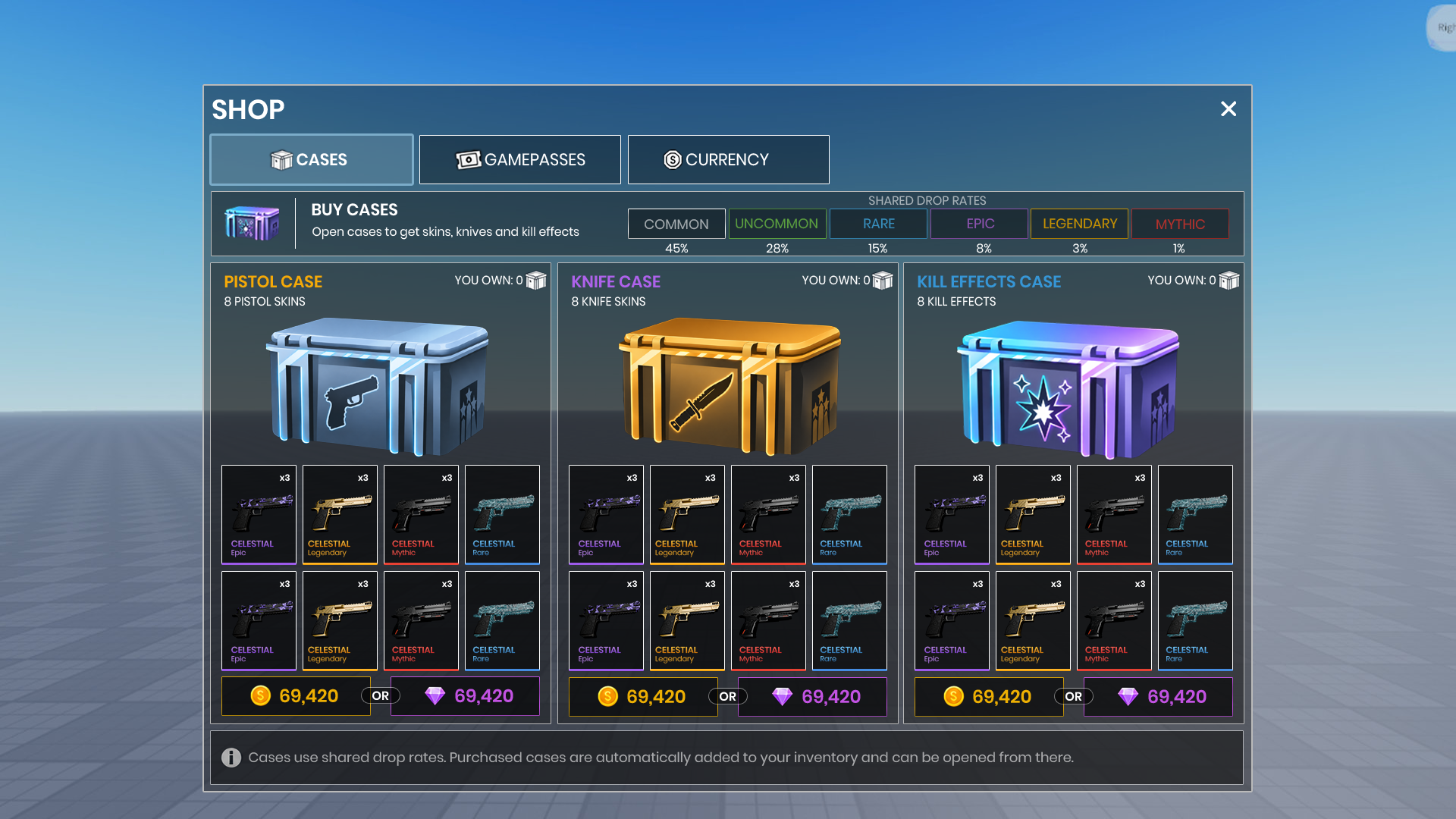 Roblox shop UI showing Pistol, Knife and Kill Effects cases with rarity drop rates and Gold and Gem prices