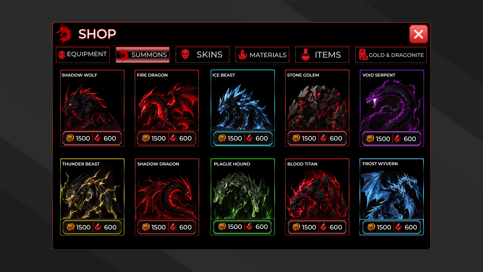 Summons Shop UI showing creature cards for Shadow Wolf, Fire Dragon, Ice Beast and other summons with Gold and Dragonite Crystal prices